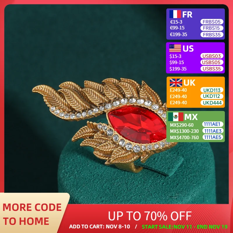

Vintage Big Dubai Gold Color Jewelry Red Horse Eye Crystal Ring Flame Woman Decoration Luxury Designer Antique Party Accessories