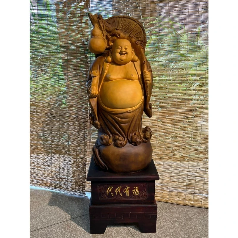

Camphor Wood Maitreya Buddha Ornament Company Hotel Lucky Furniture Root Carving Living Room Decoration