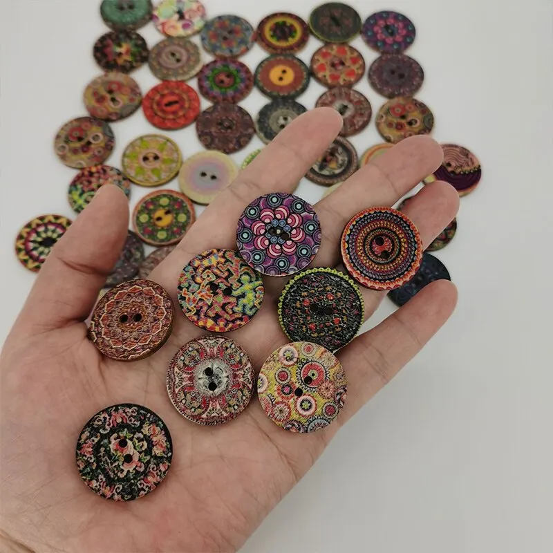 100pcs Round Two-Holes Vintage Buttons 15mm For Clothes Decoration Mixed Color Wooden Buttons DIY Sewing Supplies