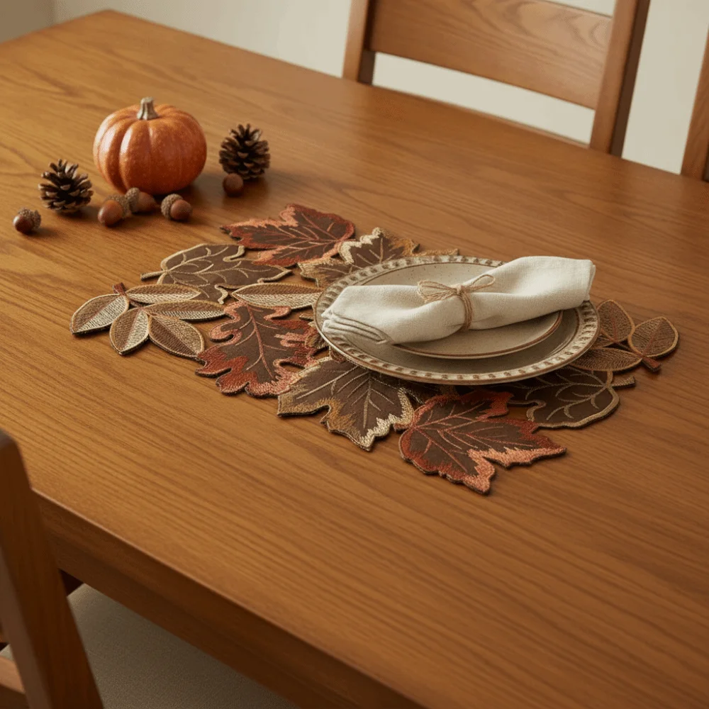 Rustic Style Maple Leaf Embroidered Table Runner Decorative Hollow Design Maple Leaf Placemat Rectangular Brown