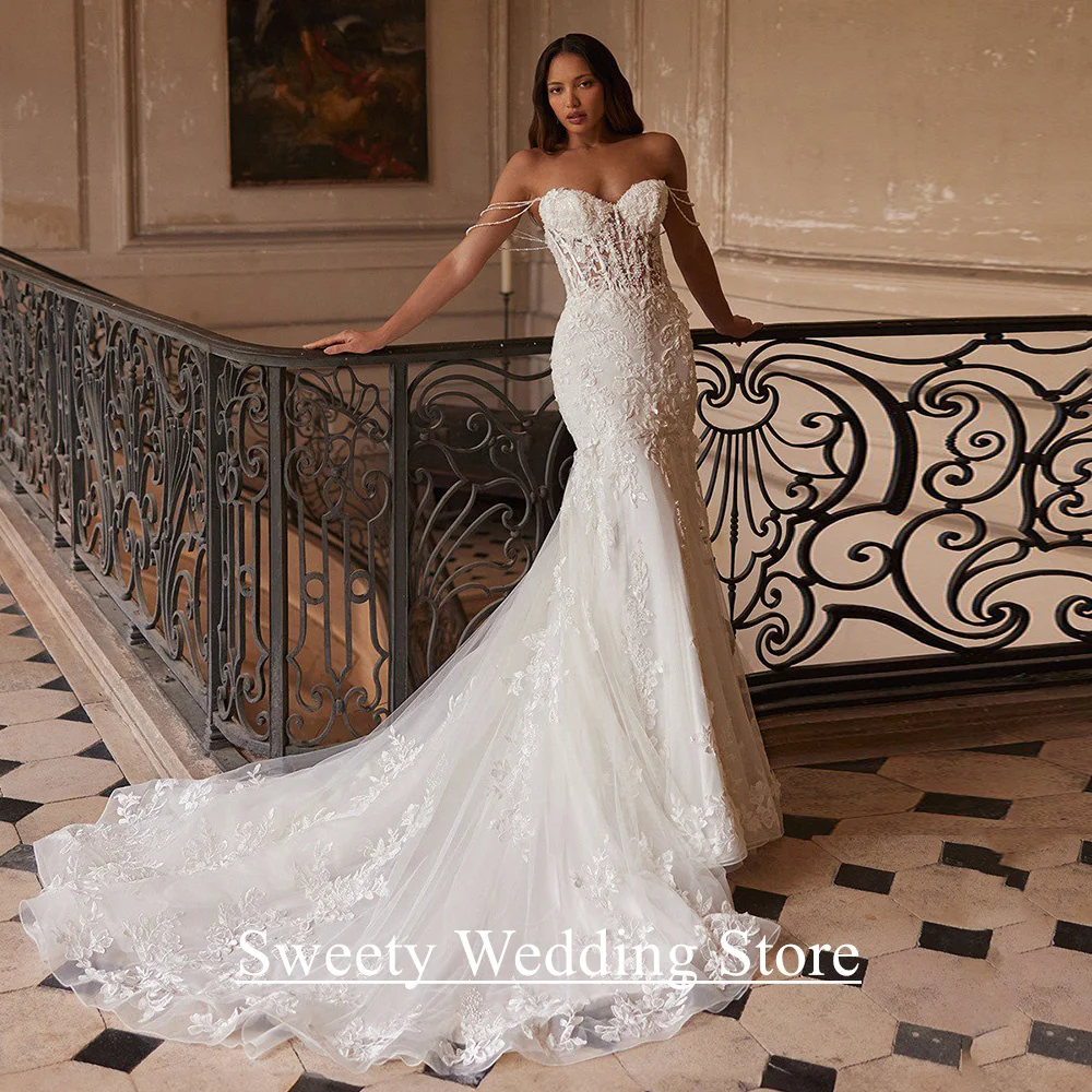 Exquisito vestido de novia de sirena, vestido de novia de encaje, perlas personalizadas, hombros descubiertos, apliques de corazón, vestidos de novia de cola de corte