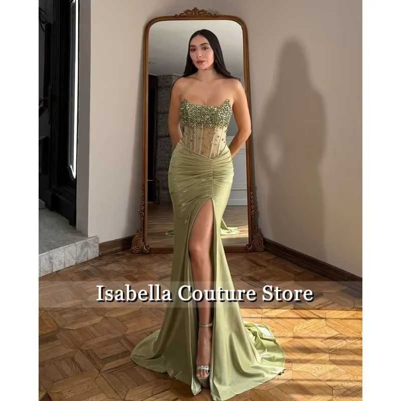 

Customized Green Beading Mermaid Prom Dress Side Slit Strapless vestidos de noche Floor-Length Satin Formal Evening 2026