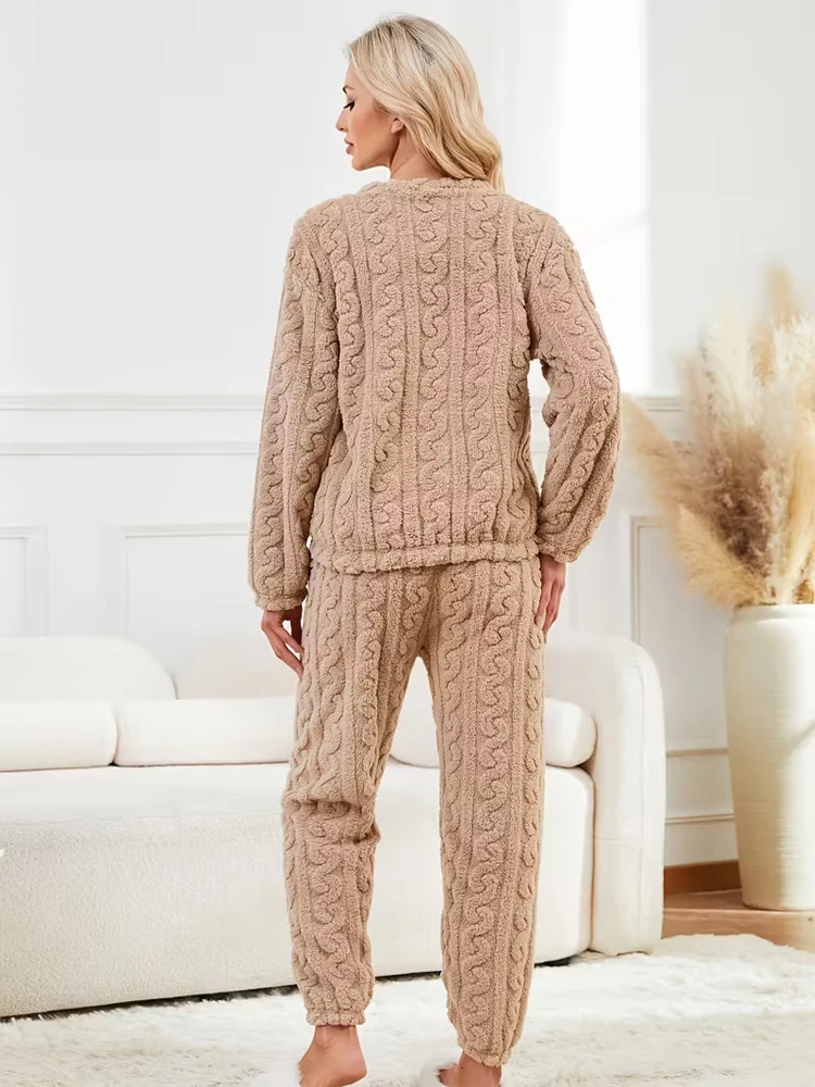 Winter Women Thicken Coral Fleece Pajamas Set Solid Color Soft Warm Long Sleeve Homewear Sleepwear Female Comfortable Sleepwear image 6