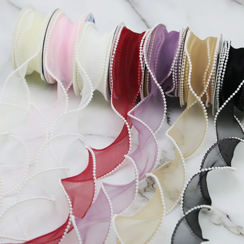 (5yards/roll)40mm Pearl Edge Wave Organza Ribbon  Lace Children Hair Accessories Lolita Bow Handmade Decorative Gift Box Wedding