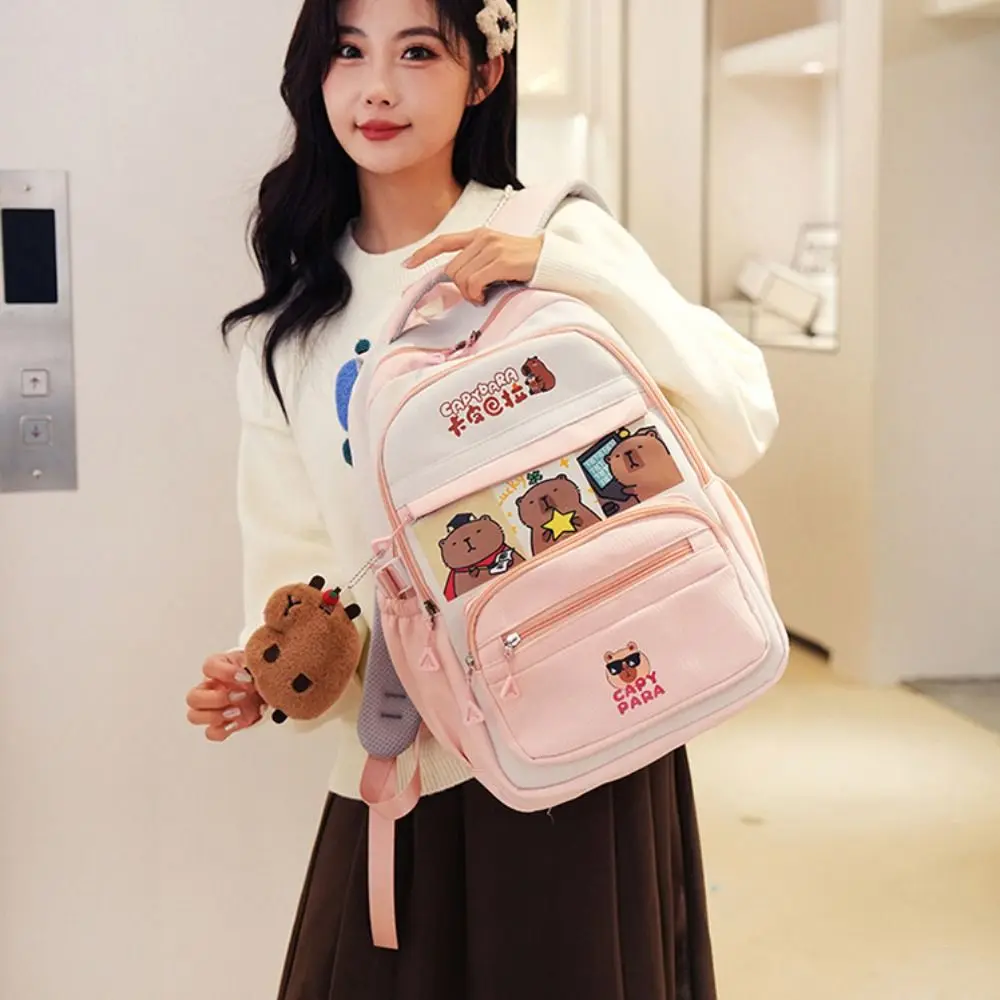 Zaino multifunzionale Capybara Cartoon Borsa da scuola carina di grande capacità Stile casual con ciondolo Borsa a tracolla casual da scuola