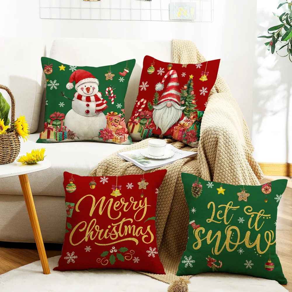 

Christmas Pillowcase Red Green Color with Tree Snowflake Letter Print, Festive Home Decor Cushion Cover