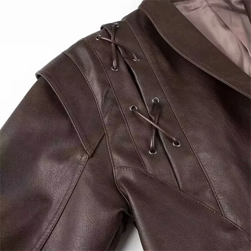 2024ZAR Spring/Summer New Women\'s Versatile Retro Fruit Collar Single breasted Belt Leather Coat