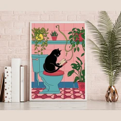 Funny Black Cat on the Toilet Art Print Pink Bathroom Posters Cat Reading a News Paper Tropical Plants Pictures Home Decoration