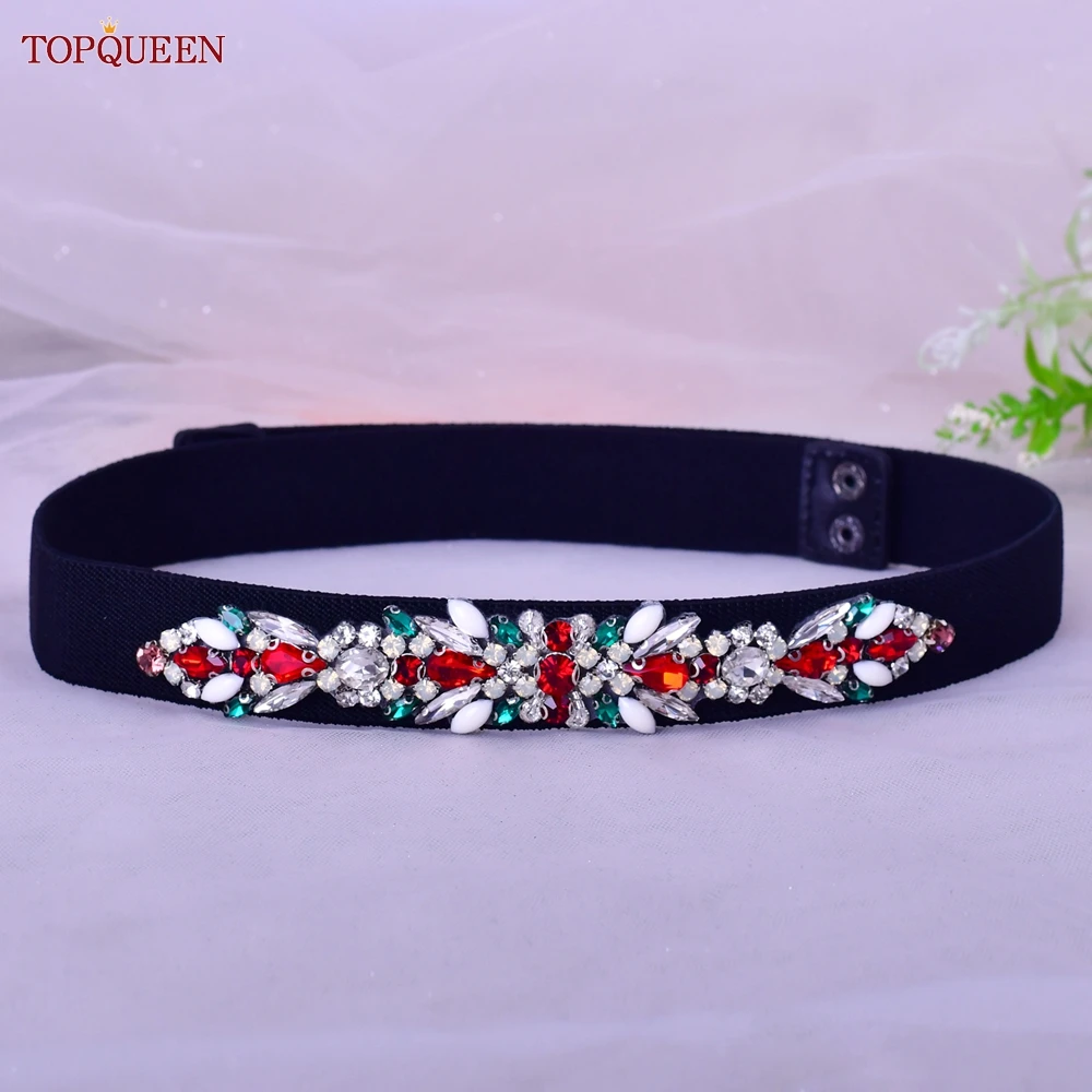 

TOPQUEEN S477-B Female Black Elastic Belt Dress Decoration for Women with Colorful Rhinestones Applique Fashion Sash Sparkly