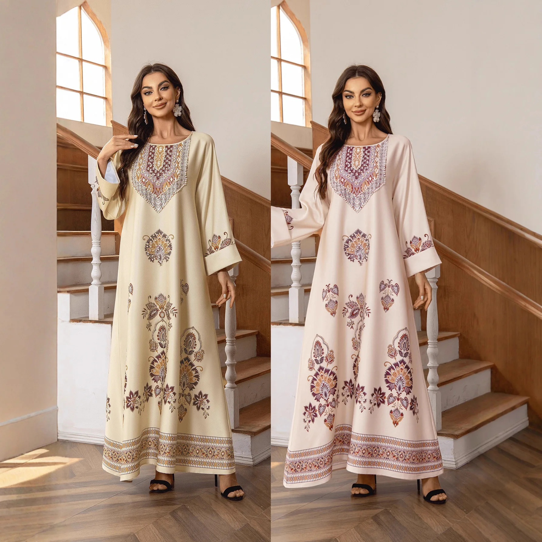 

Zd027 Dress With Round Neck, Printed Pattern, Traditional Dressess And Beads, Loose A-line Gown Dubai Luxury Islam Elegant