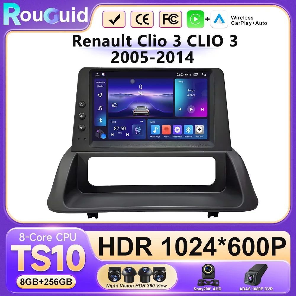 Rádio Automotivo Android 16 Carplay para Renault Clio 3 CLIO 3 2005-2014 Reprodutor Multimídia de Vídeo Automotivo GPS Navegação BT 5G Som Automotivo BT