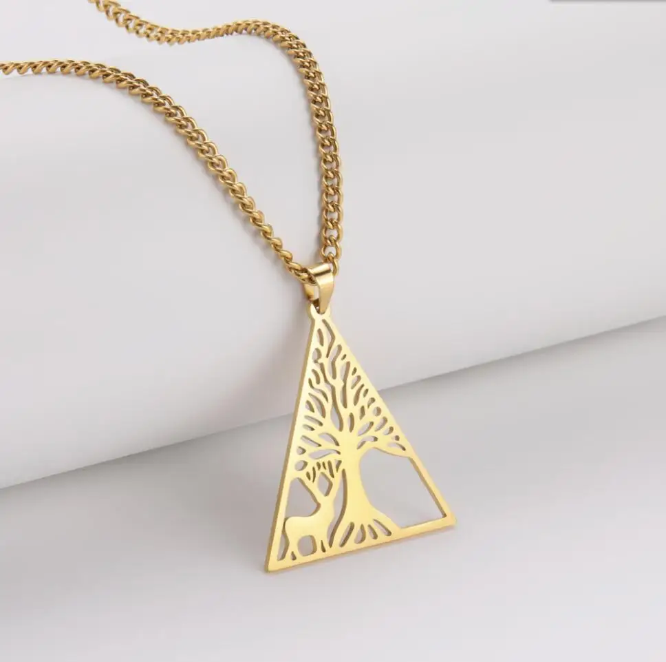 

1PC Stainless Steel Necklaces Deer Animal Tree Fashion Triangle Pendant Chain Choker Necklace For Women Jewelry F1375