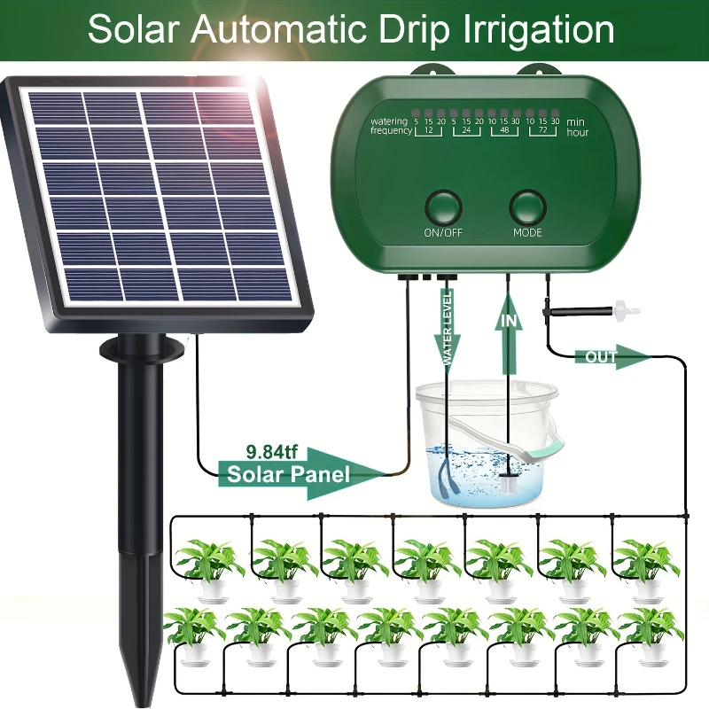 Sistema di irrigazione a goccia automatico solare da 2W con 12 modalità di irrigazione a goccia, adatto per balconi da giardino e piante in vaso