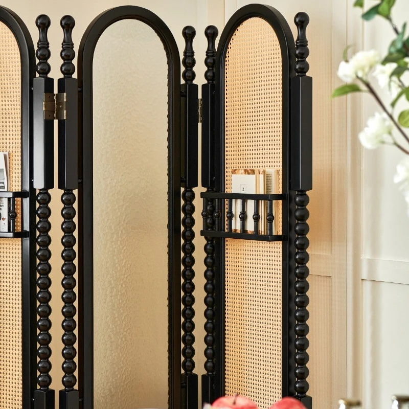 French folding solid wood screen home entry living room 2025 new retro glass rattan partition