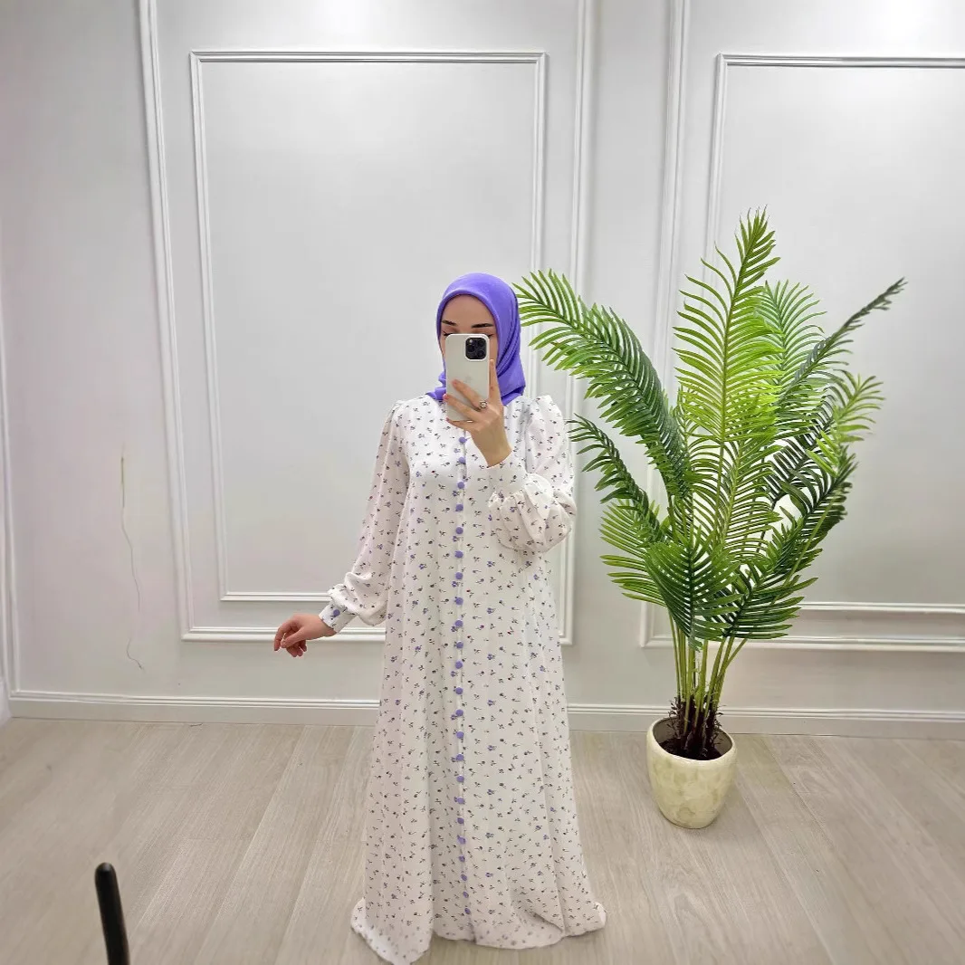 

Latest Muslim Fashion Dress Wholesale Dubai Abaya EID Modest Elegant Long Maxi Floral Print Dress Abaya for Muslim Women Abaya