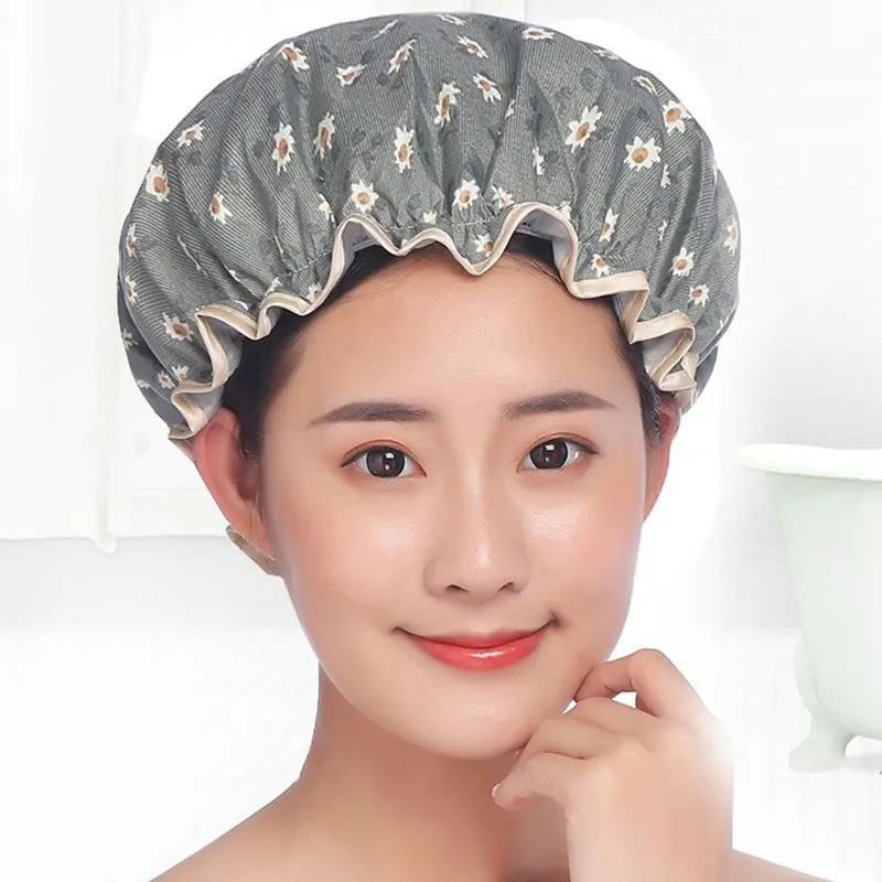 1Pcs Bathing Cap Cartoon Cute Double Layer Waterproof Polyester Cotton Hair Cover Multicolor Shower Hats Bathroom Products