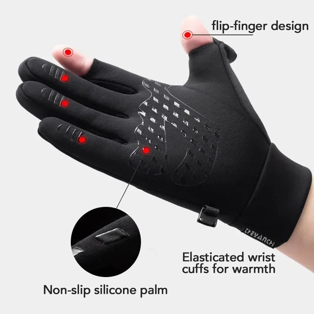 New 1 Pair Outdoor Sports Gloves Waterproof Windproof Padded Warm Two-Finger Touch Screen Gloves for Riding Fishing Running