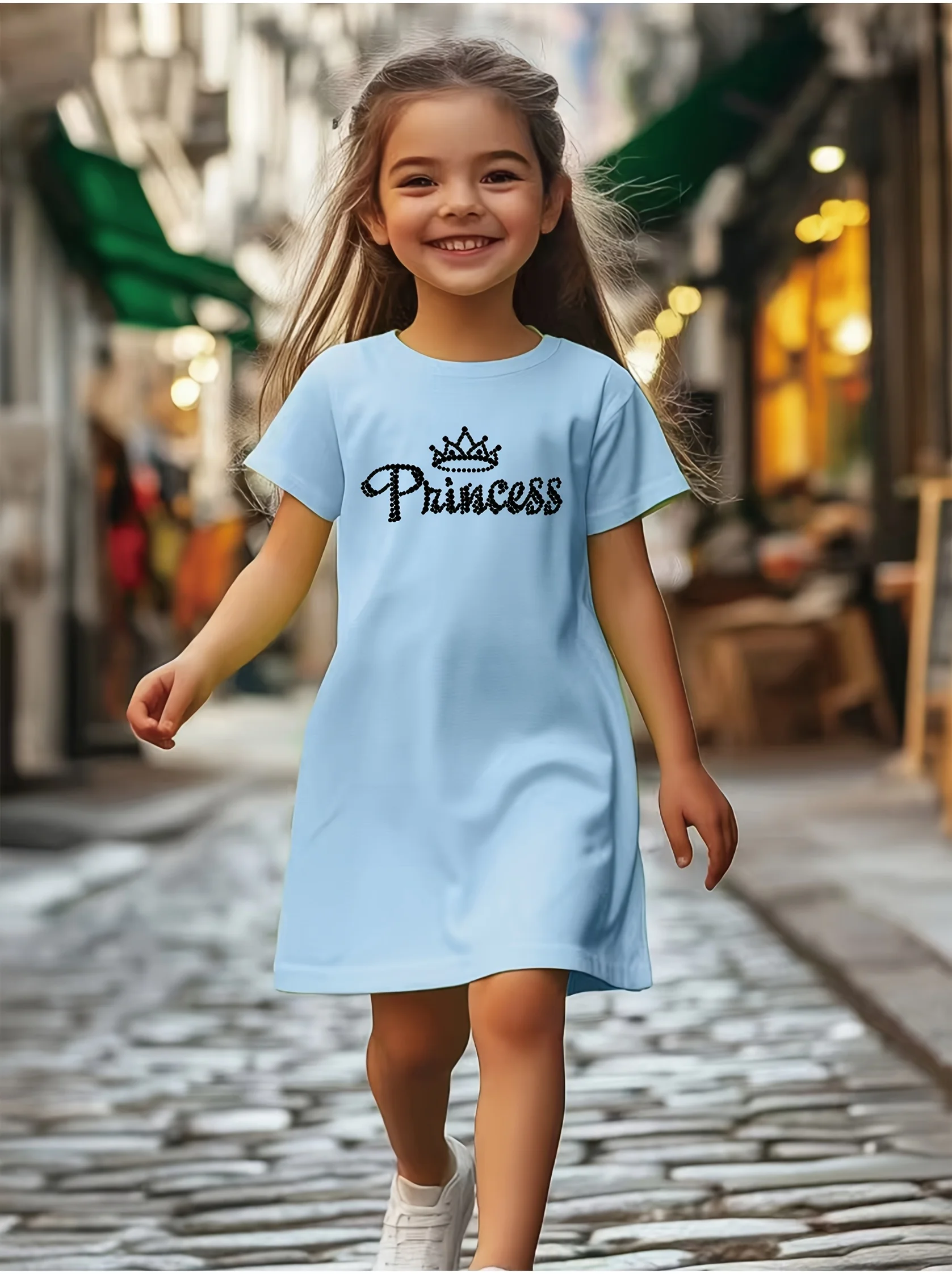 

Girls' casual polyester fiber elastic casual dress | Vibrant English letter print | Machine washable | Very suitable for summer