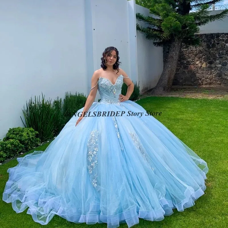 

Angelsbridep Sky Blue Quinceanera Dresses For 15 Year Old Applique Lace Beads Ball Gown Sexy Off Shoulder Birthday Party Dress