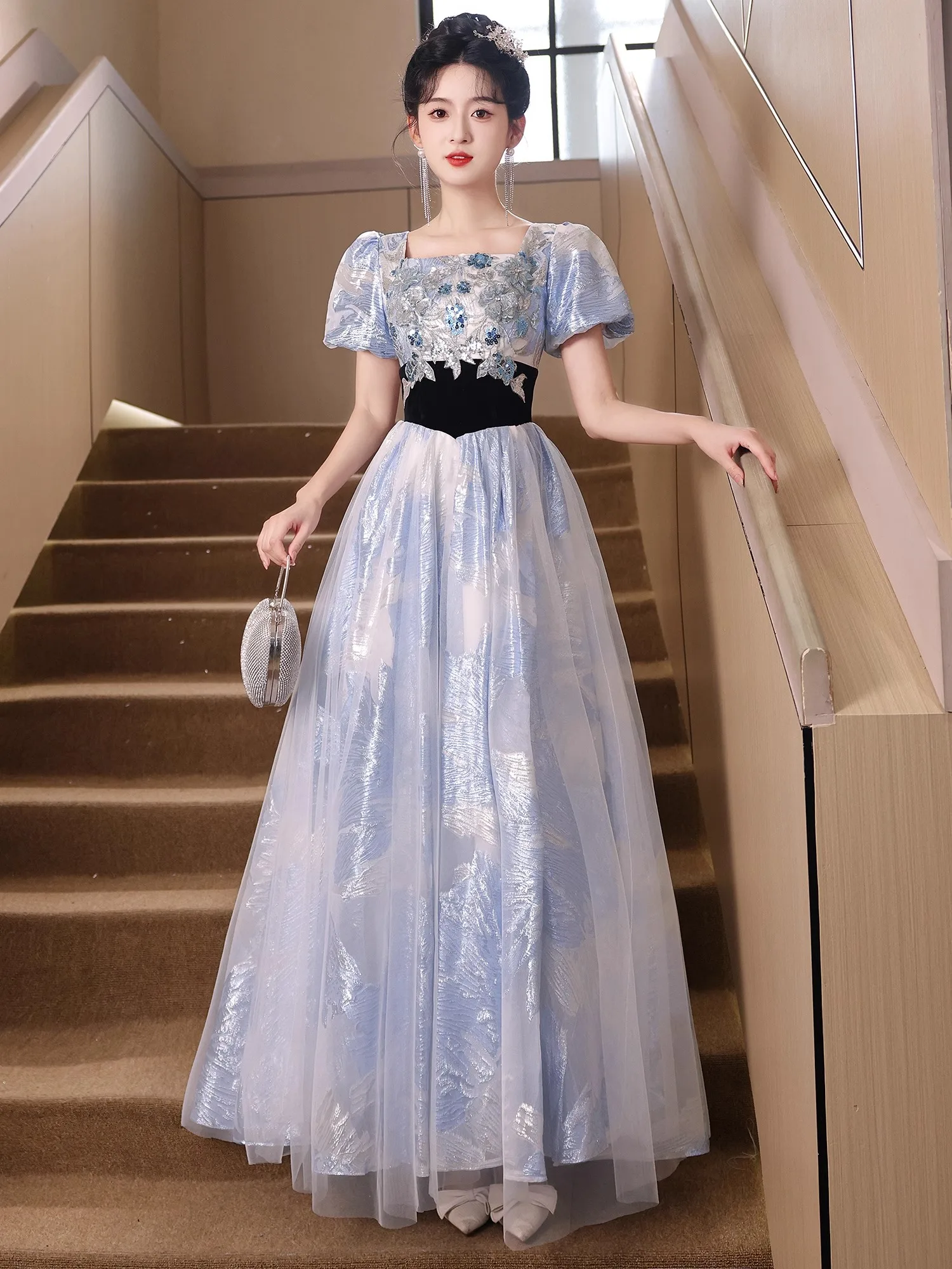 

Blue Evening Gown Luxury Princ Sle Formal Par Host Ball Dr Korean Version mid Waist Long Skirt ort Sve