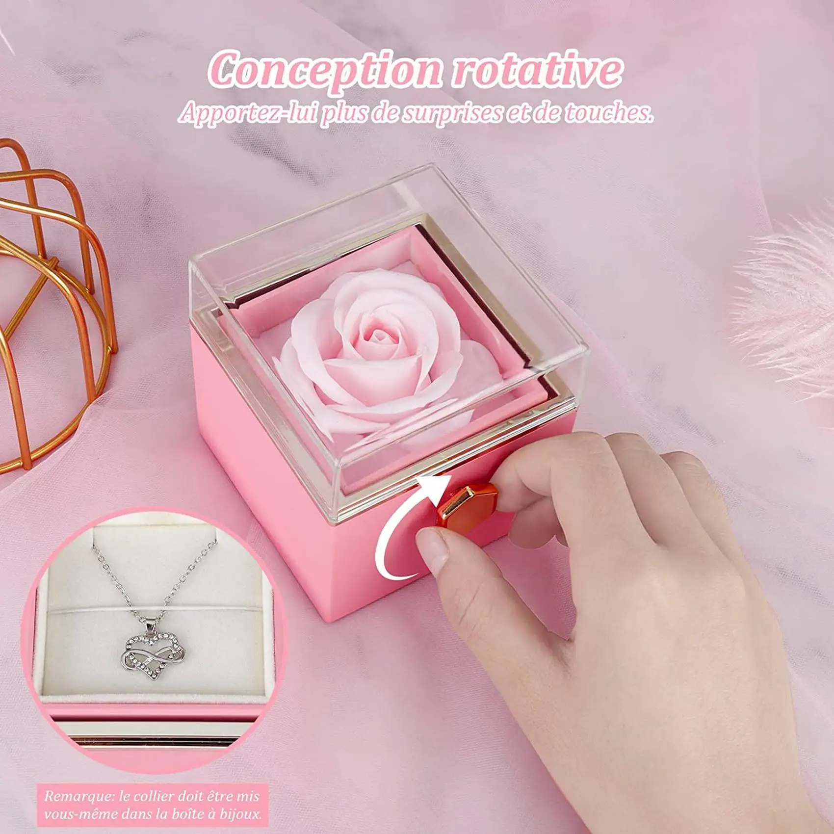 صندوق قلادة مجوهرات دوار على شكل زهور الورد الأبدية هدية عيد الحب للزوجة والصديقة إلى الذكرى السنوية لحفلات الزفاف أ