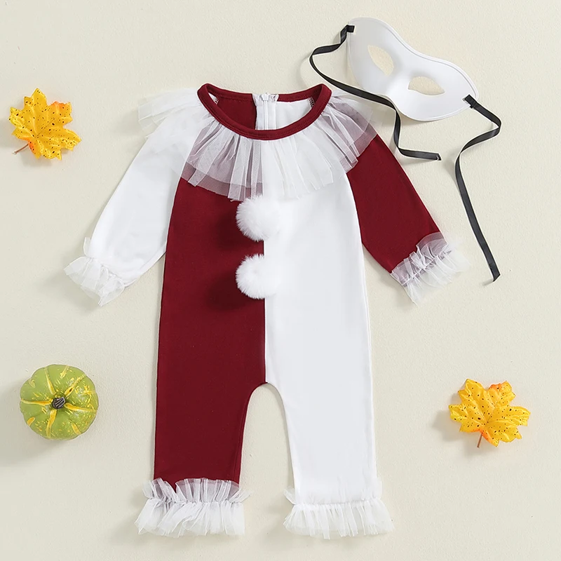 Little Girl Halloween Romper Contrast Color Plush Ball Long Sleeve Crew Neck Full Length Jumpsuit
