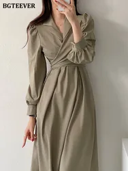 BGTEEVER Chic Elegant Notched Collar Women A-line Dress Full Sleeve Slim Waist Ladies Solid Dress 2022 Midi Vestidos