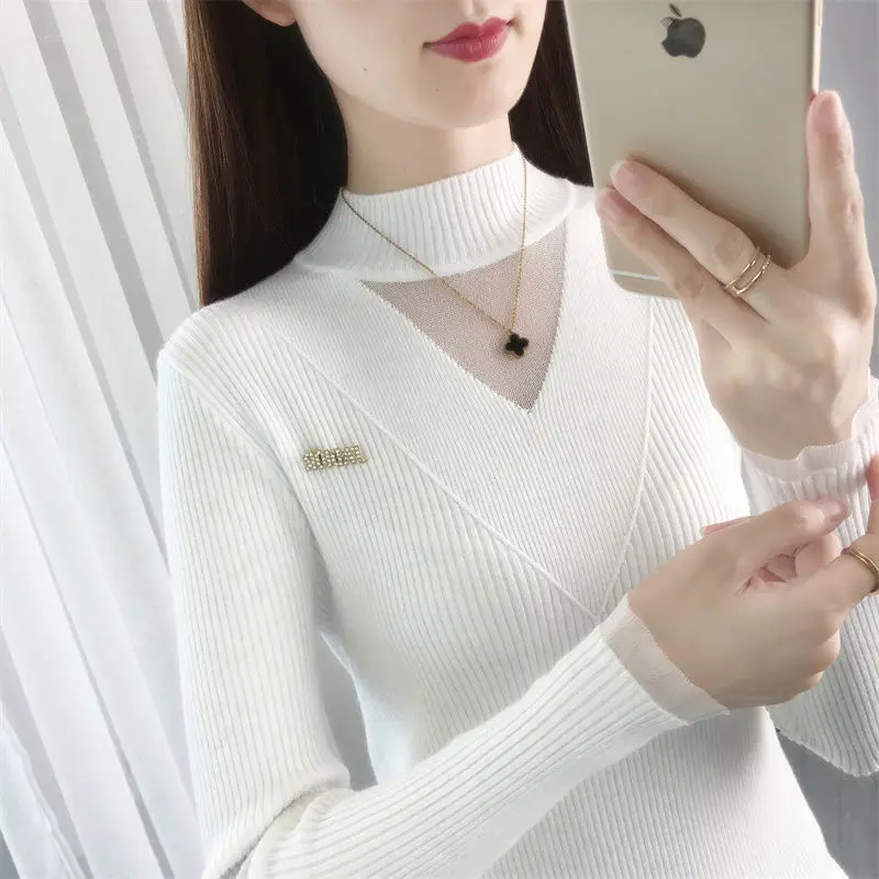 Korean Skinny Lace Spliced Women Clothes Hollow Out Sexy Half Height Collar Sweaters High Strech Metal Brooch Decorate Knitting