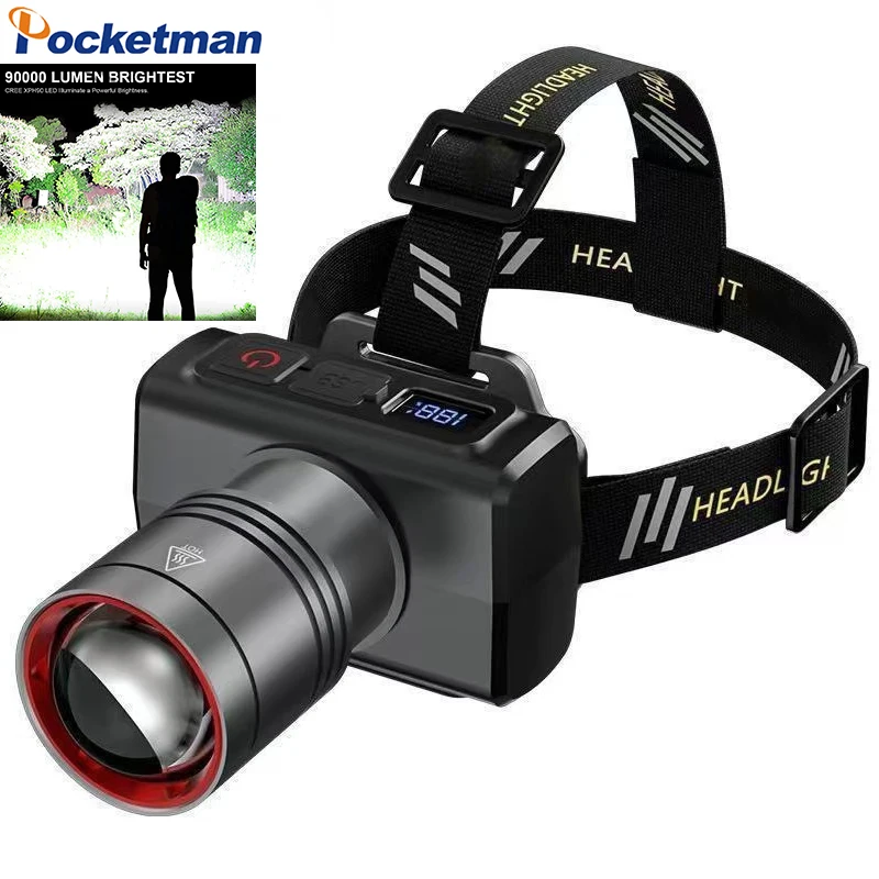 Motion Sensor Zoomable Headlamp USB Rechargeable LED Head Light with Digital Power Display 3 Modes for Camping Fishing