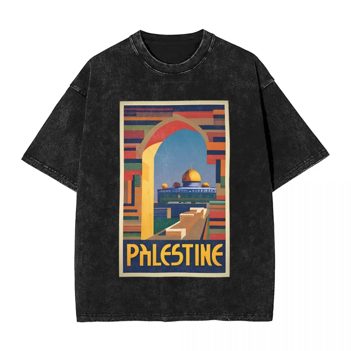 Men's T Shirt Retro Palestine Travel Poster Washed T Shirts Palestinian Colorful Dome of Rock Vol Beach Tees Casual Clothing