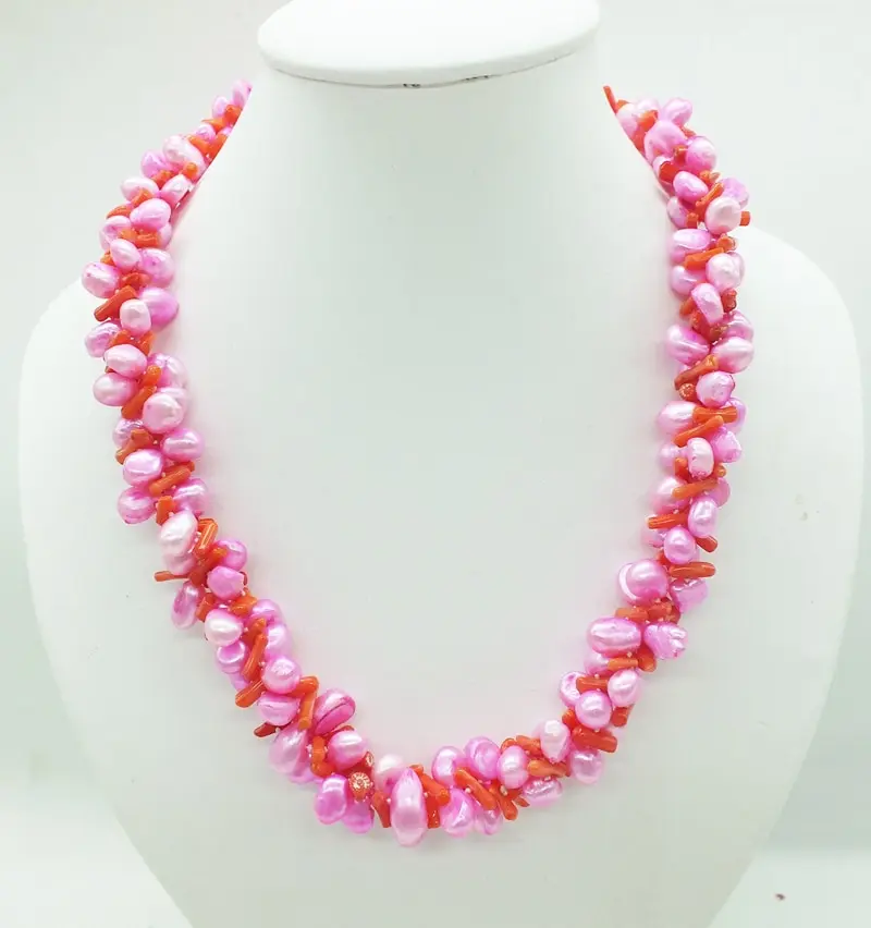 

3 rows Exquisite of rose red natural baroque pearls and natural coral necklace. Classic bridesmaid necklace 22"