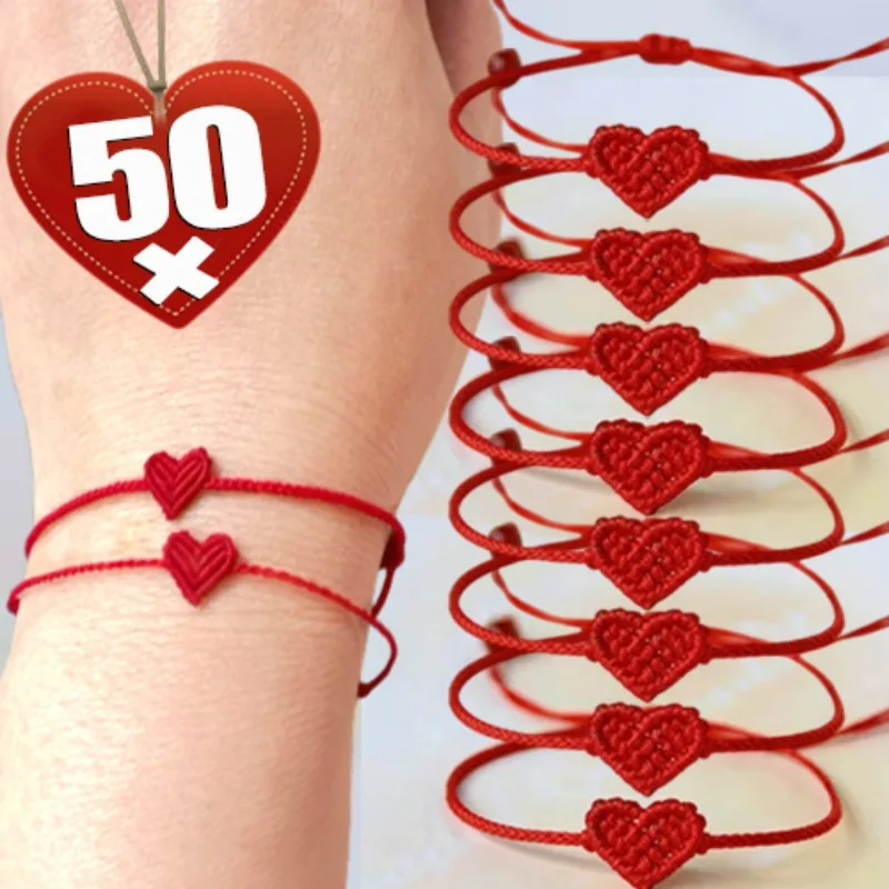 1/50 Uds. Pulsera en forma de corazón para el Día de San Valentín para hombres y mujeres, pulsera tejida a mano para parejas, mejor amigo, cuerda roja, pulsera de pareja de amor romántico