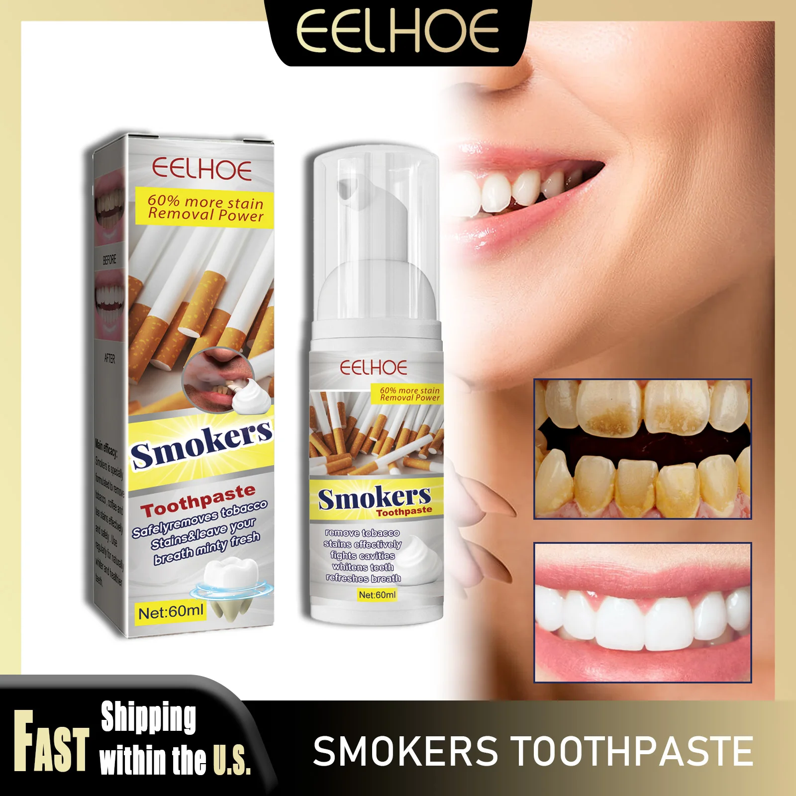 

EELHOE 60ml Smokers Toothpaste Remove Coffee Tea Smoking Tooth Stains Naturally Effective Improve Bad Breath Teeth Deep Cleaning