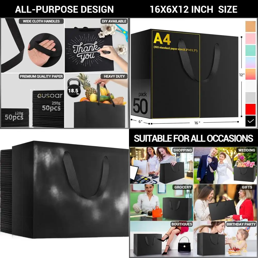 

Bulk 50 Pack 16x6x12 Inch Black Heavy Duty Gift Bags with Handles for Business, Weddings, Parties, and More