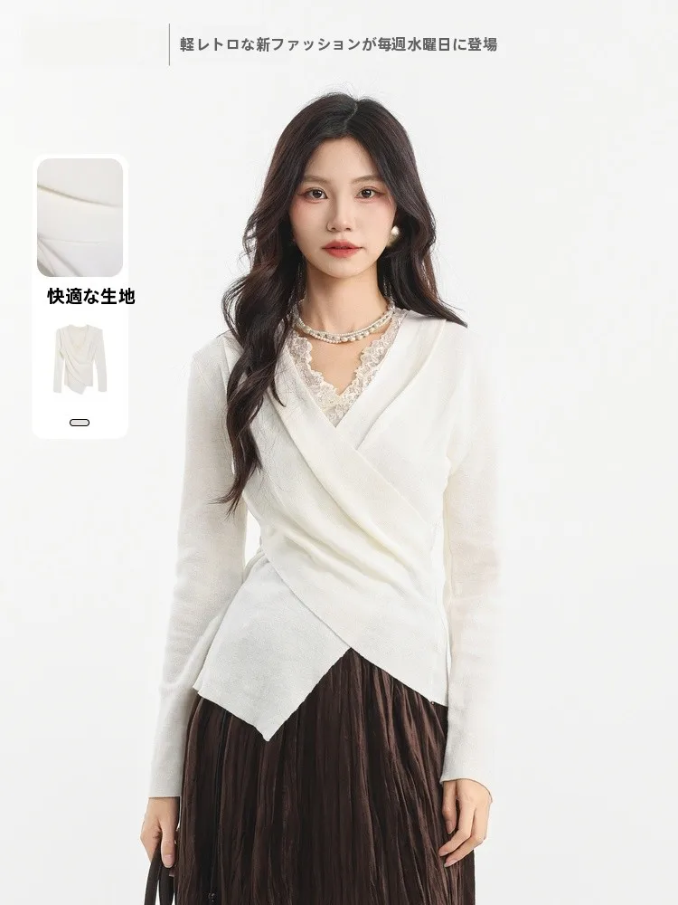 

Memory's Start Cross Lace V-Ne Sweater Winter New Design Sensation Head over Footwear Regular Sve Long Pure Color