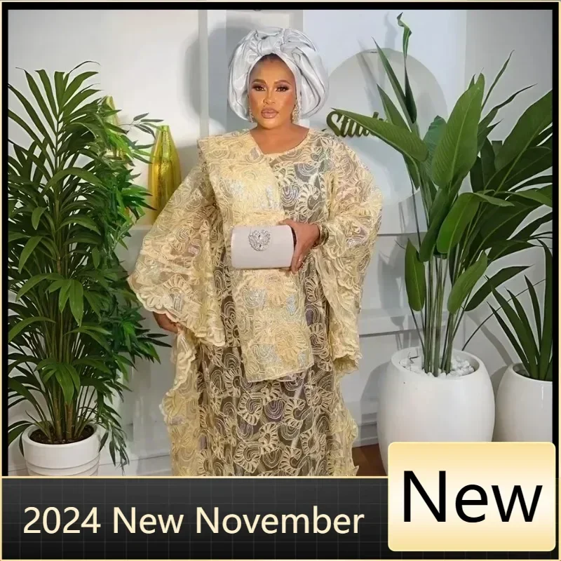 

Elegant African Dresses for Women Traditional Dashiki Lace Boubou Plus Size Evening Wedding Party Gown Muslim Kaftan Maxi Dress