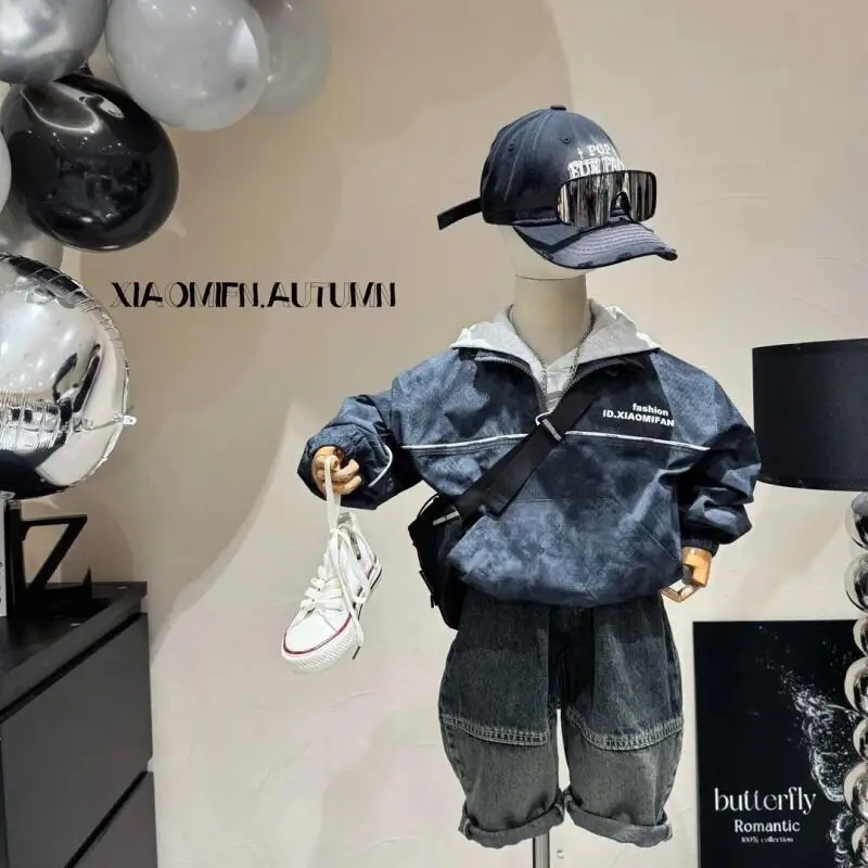 

Child The Spring and Autumn Annals Korean Version Jeans Boy Fashion False Two-Piece Hoodie Trend 2-Piece Set Children's Clothing