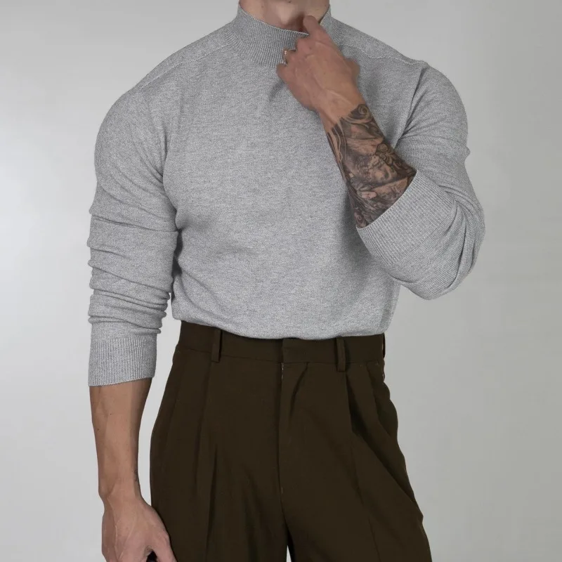 New Slim Fit Men's Casual Sweater Half-high Collar Autumn Knitted Warm Long Sleeved Pullover Retro Fashion Versatile Sweaters