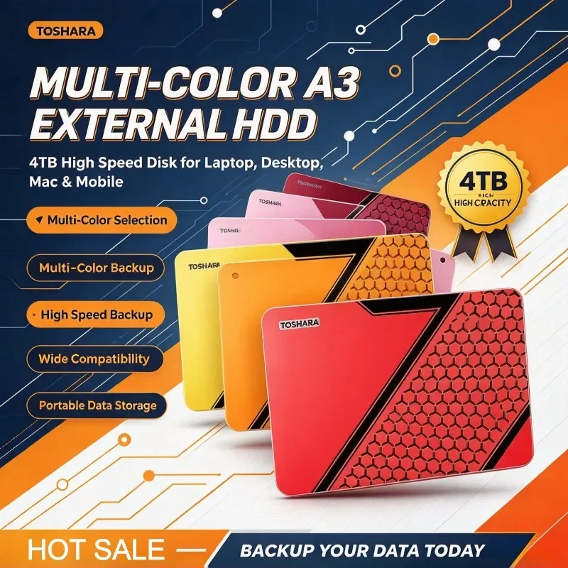 Portable A3 External Hard Drive 4TB High Speed Disk Multicolor Selection For Laptop Desktop Mac Mobile Data Backup