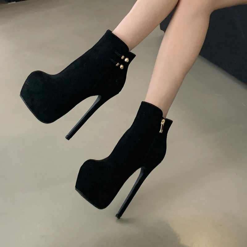 Fashion Platform Women Short Boots 16cm Extreme Stiletto High Heels Ankle Boots Round Toe Side Zipper Party Nightclub Shoes