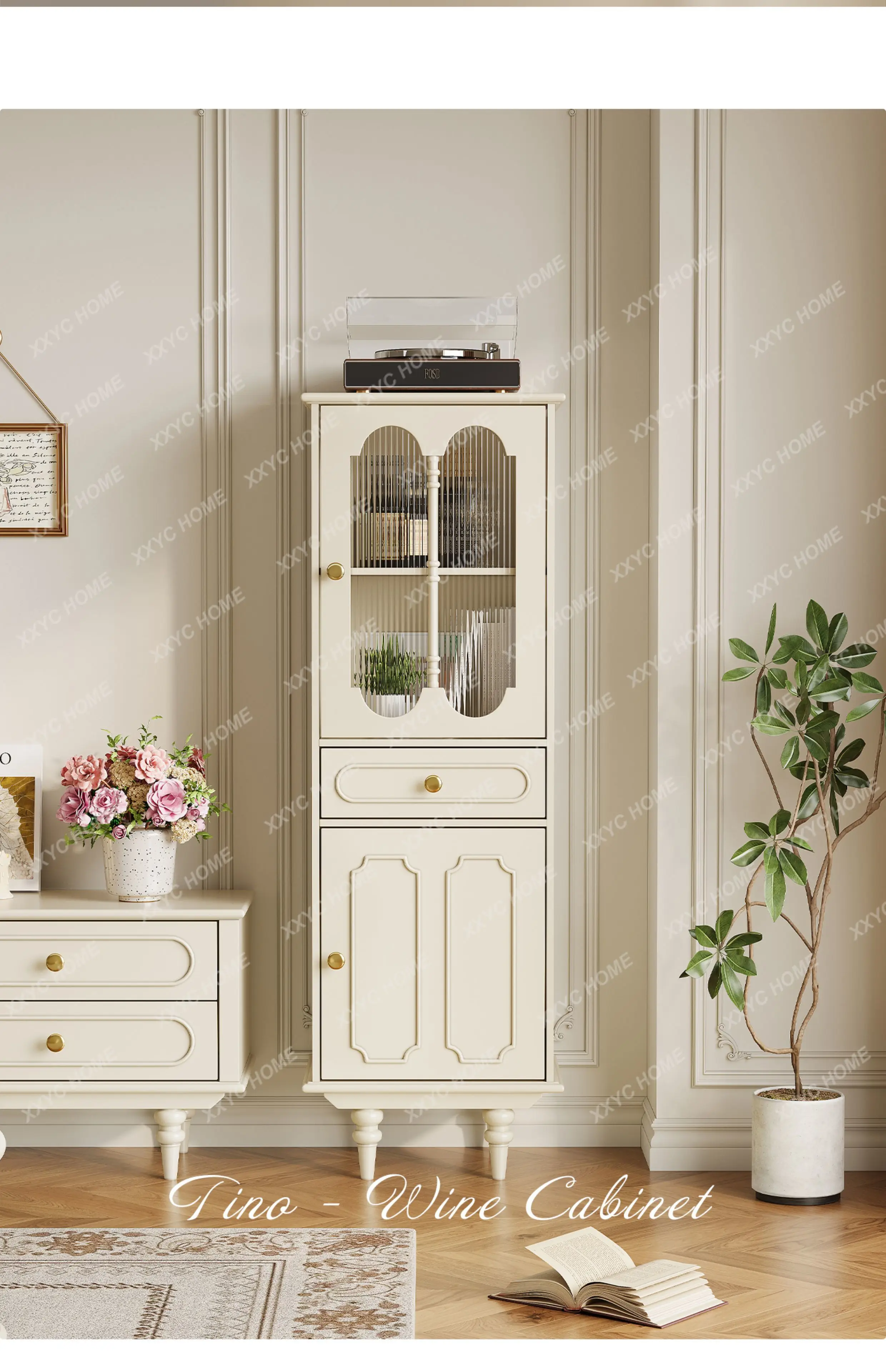 Solid wood cream style dining side transparent single door glass light luxury living room storage floor cabinet