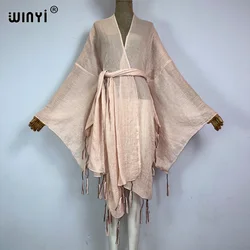 WINYI kimono Africa płaszcz z paskiem moda kaftans okrycie plażowe-up z frędzlami monochromatyczny kardigan stroje plażowe dla kobiet vestidos