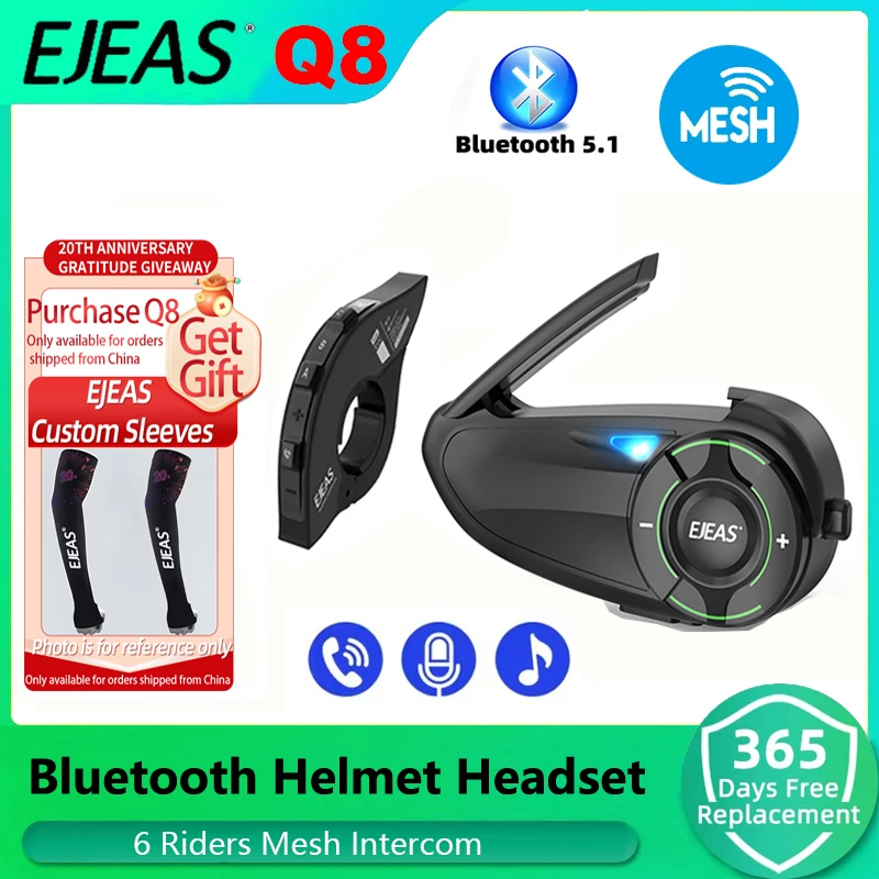 

EJEAS Q8 Motorcycle Bluetooth Intercom Type-C Interface Six-Person Group Intercom Distance 1000 Meters Supports Channel Switchin