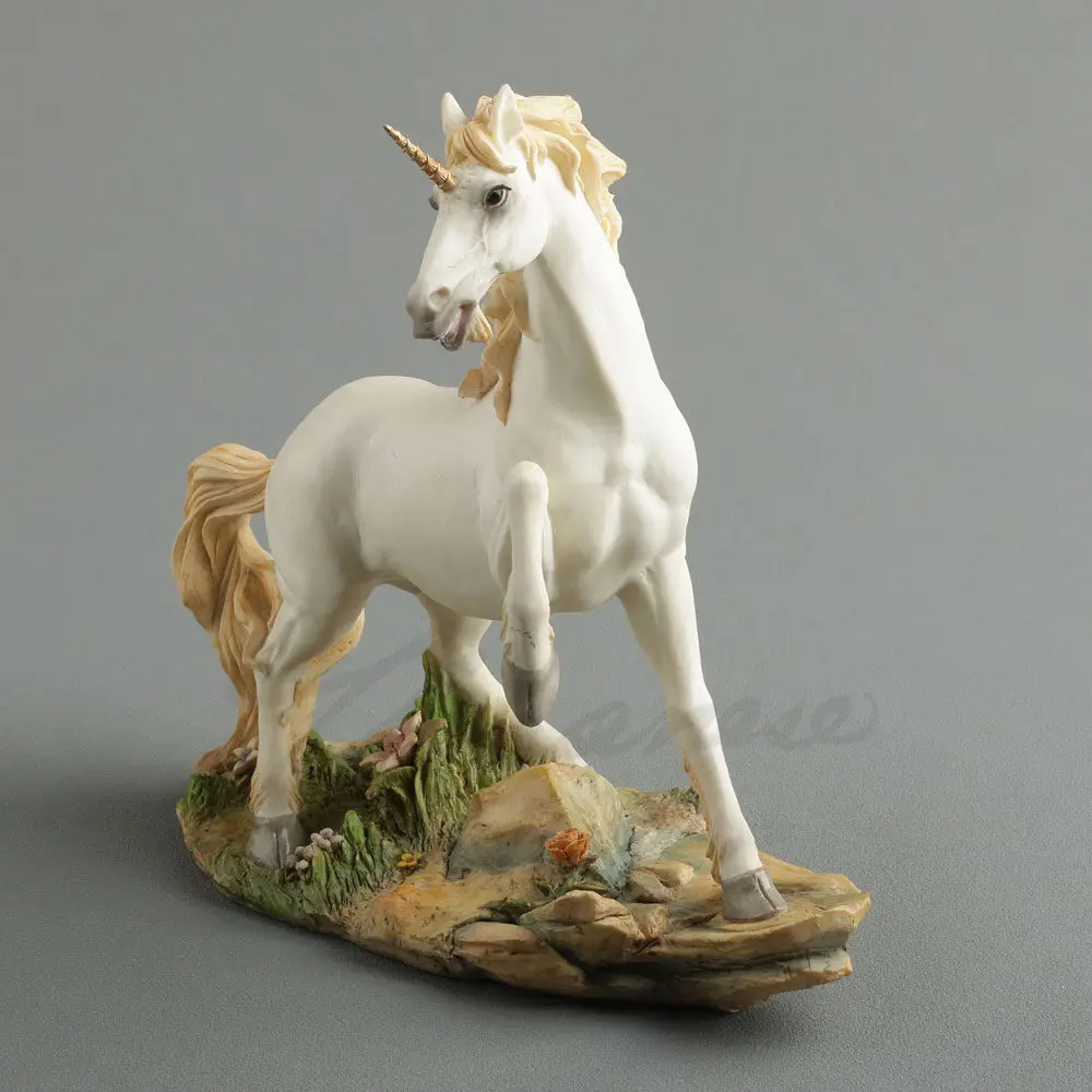 White Unicorn Statue Golden Mane Unicorn Figurine On Grass Rock Base Mythical Creature Resin Sculpture Desktop Home Fairy Decor