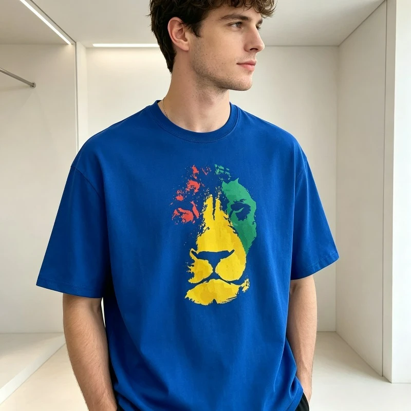 Lion Head Print Men T-Shirt 100% Cotton Red Yellow Green Animal Graphic Tee Casual Streetwear Hip Hop Short Sleeve Top