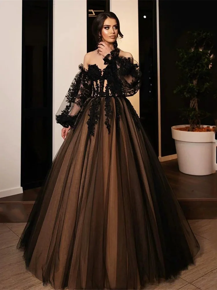 Formal Off Shoulder A-line Evening Dress Black Lace Embroidered Ball Dress Off Shoulder Fluffy Party Dress