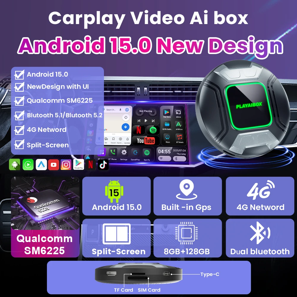 PLAYAIBOX أندرويد 15 CarPlay AI صندوق لاسلكي أندرويد السيارات Carplay صندوق التلفزيون الذكي اكسسوارات السيارات ل Jeep Renegade Wrangler