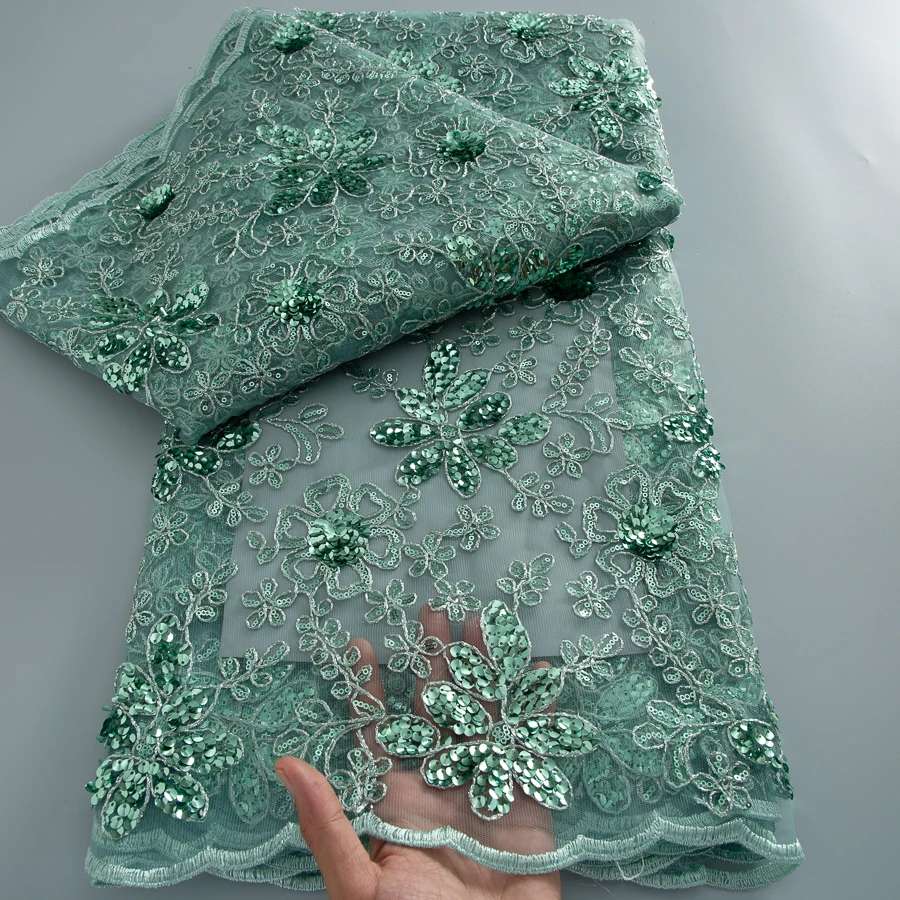 Nigerian Milk Silk Lace Fabric Embroidery Sequins 2026 High Quality 5 Yards African Mesh Tulle Lace Fabric Dress for Women 4908