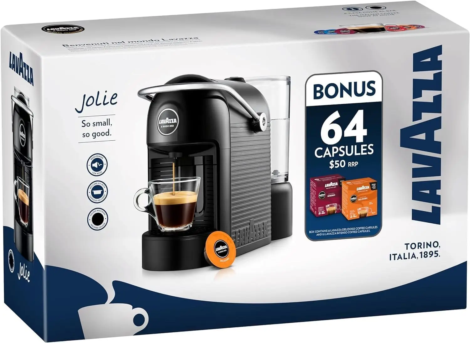 جولي، ماكينة كبسولات القهوة، مع 64 كبسولة قهوة، اسبريسو انتينسو وإسبريسو ديليزيوسو، 1250 واط، 220–240 فولت، 50–60 هرتز، أسود #1