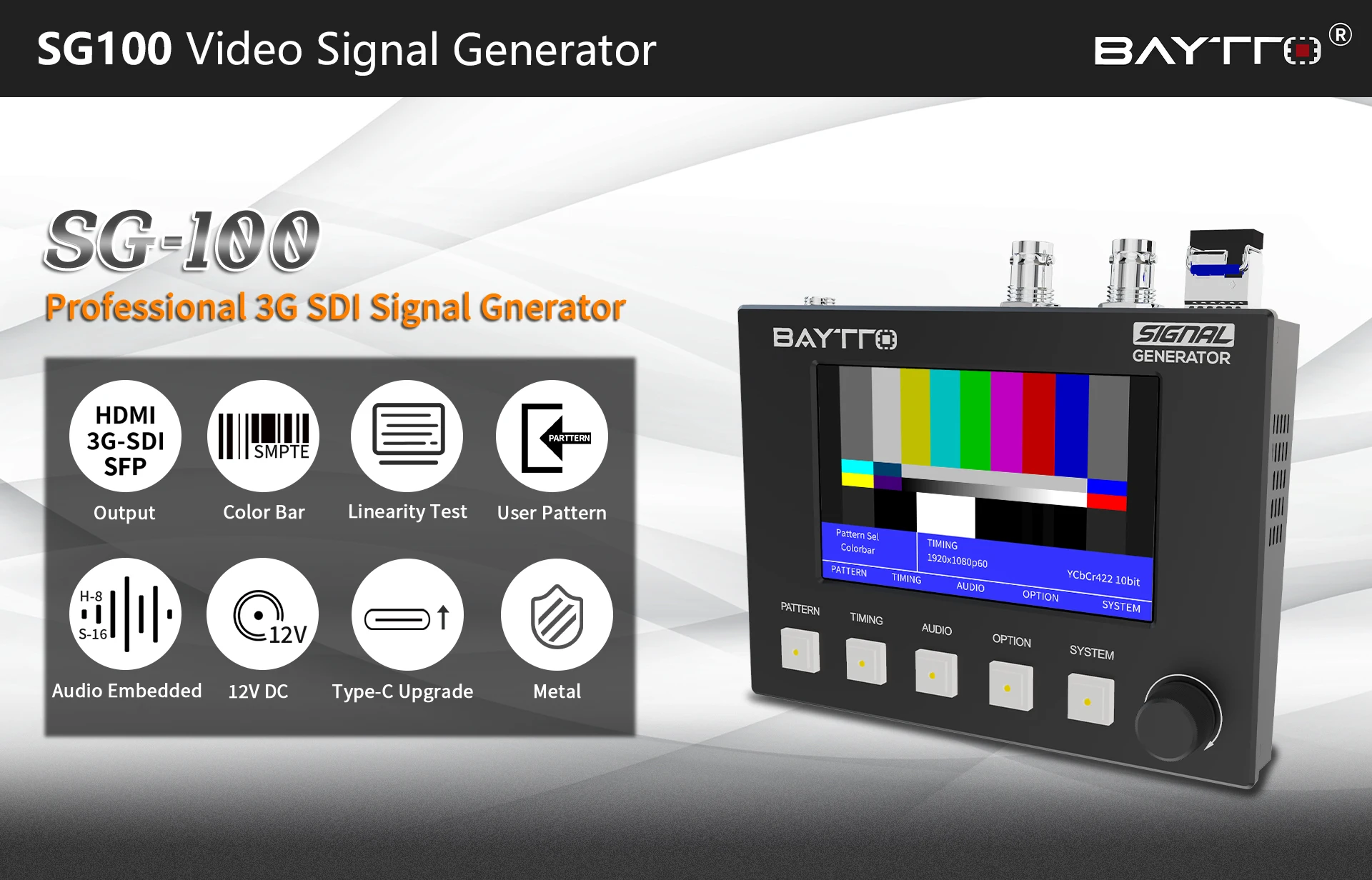 Gerador de sinal BAYTTO SG100 3G SDI 1920x1080P 60Hz 12V DC/5V Type-C SDI suporta 16 canais de gerador de sinal de áudio